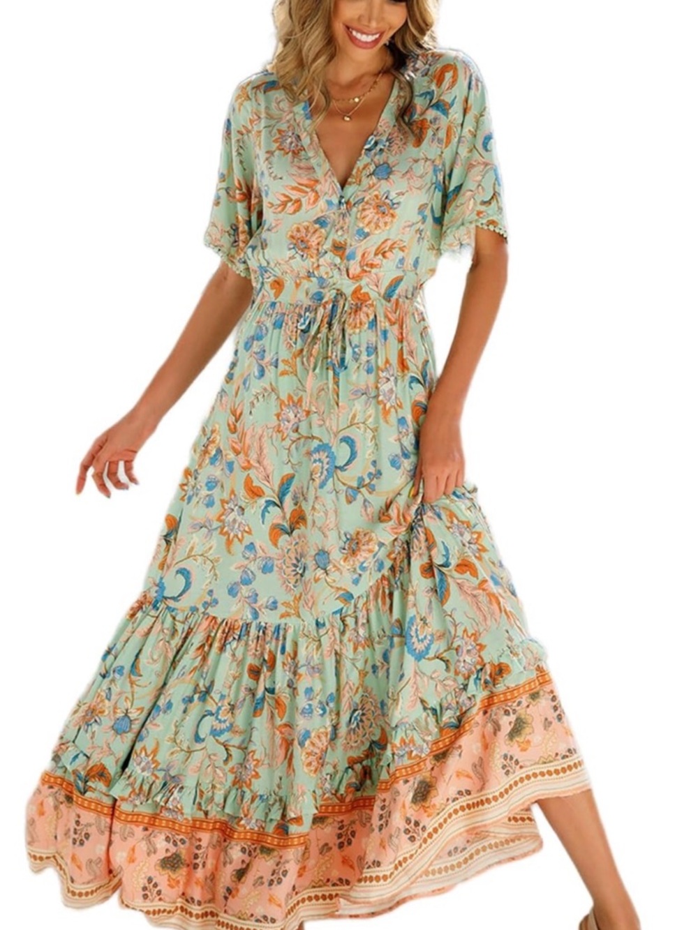 Floral Teal Maxi Dress - Lightweight Summer Style - Picture 4 of 5